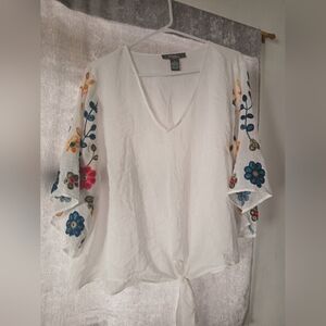 Embroidered White Blouse with Floral Sleeves